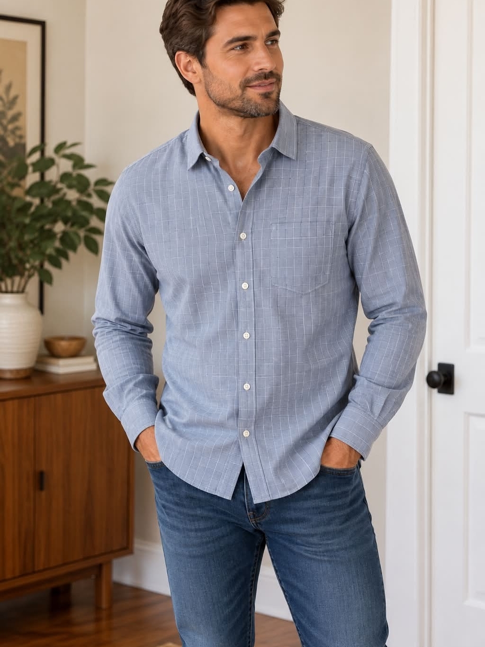 J. Crew Blue Windowpane Long-Sleeve Button-Down Shirt